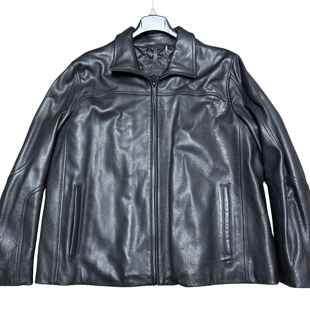 Calvin Klein‎ Black Leather Jacket Men's XXL Soft Quilt Lined Classic